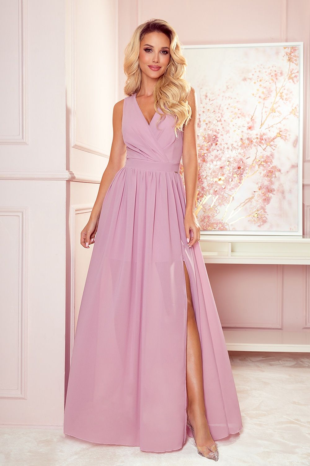 Damen Maxikleid mit Bindeband am Nacken von Numoco rosa