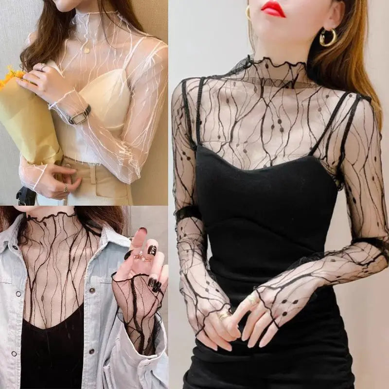 Damen Oberteil Mesh Chiffon, durchsichtig, langarm