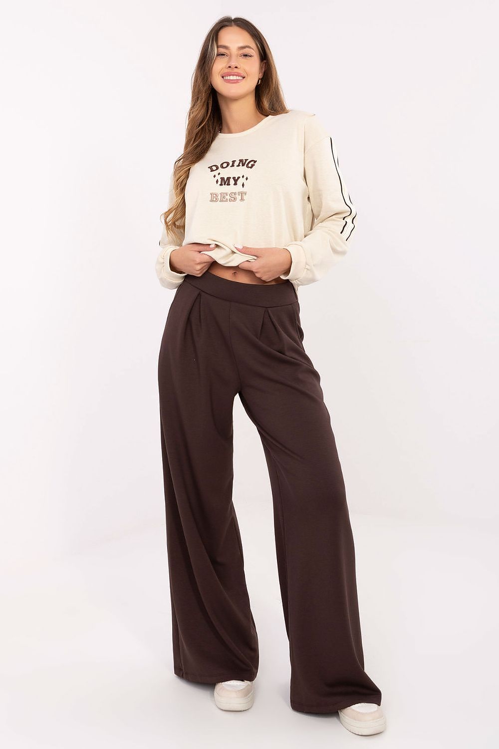 Damen Palazzo Sweatpants, High-Waist, breites Bein & Seitentaschen von Relevance braun Vorderansicht