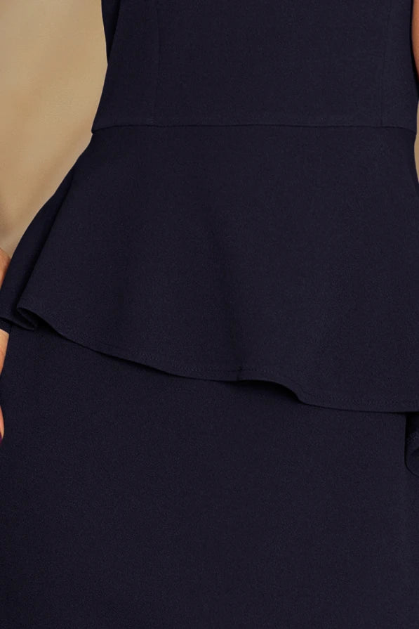 Damen Pencil Midikleid mit asymetrischem Schösschen von Numoco marineblau Detailausschnitt