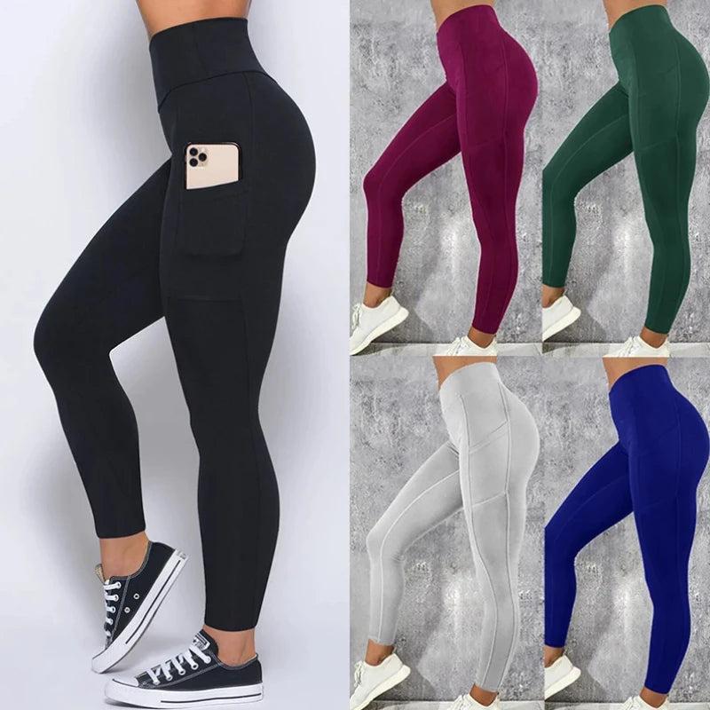 Damen Pocket Yoga Pants Solide Fitness Sport Leggings Hohe Taille