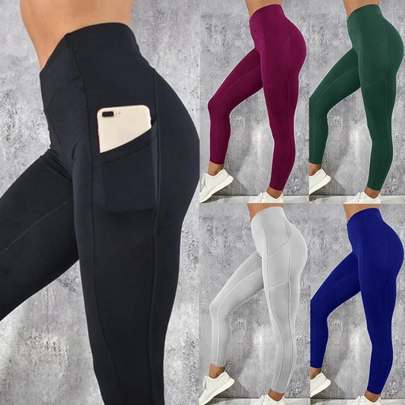 Damen Pocket Yoga Pants Solide Fitness Sport Leggings Hohe Taille Übergröße