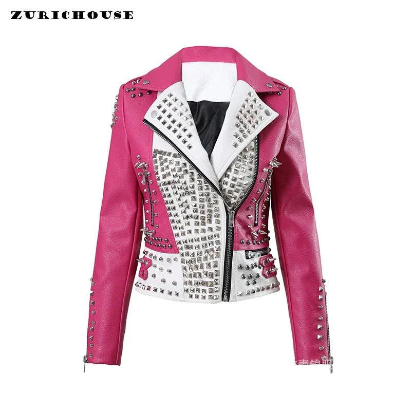 Damen Punk Nieten Motorrad Lederjacke Trend Streetwear bestickt