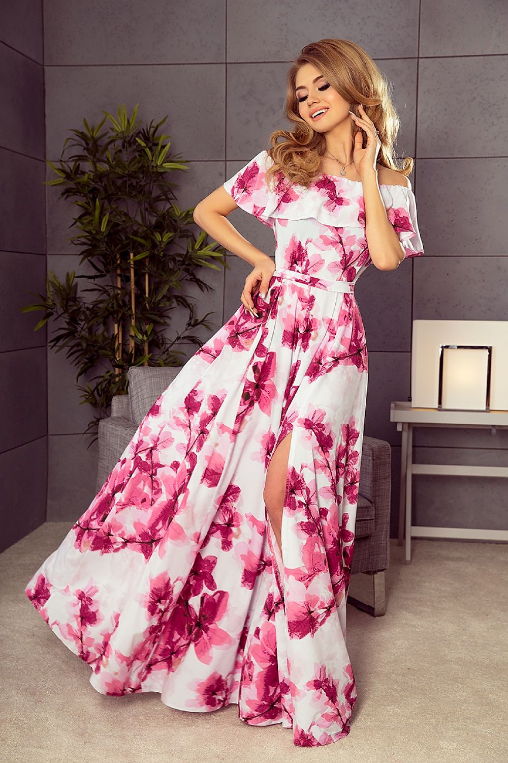 Damen Rüschen Maxikleid von Numoco rosa