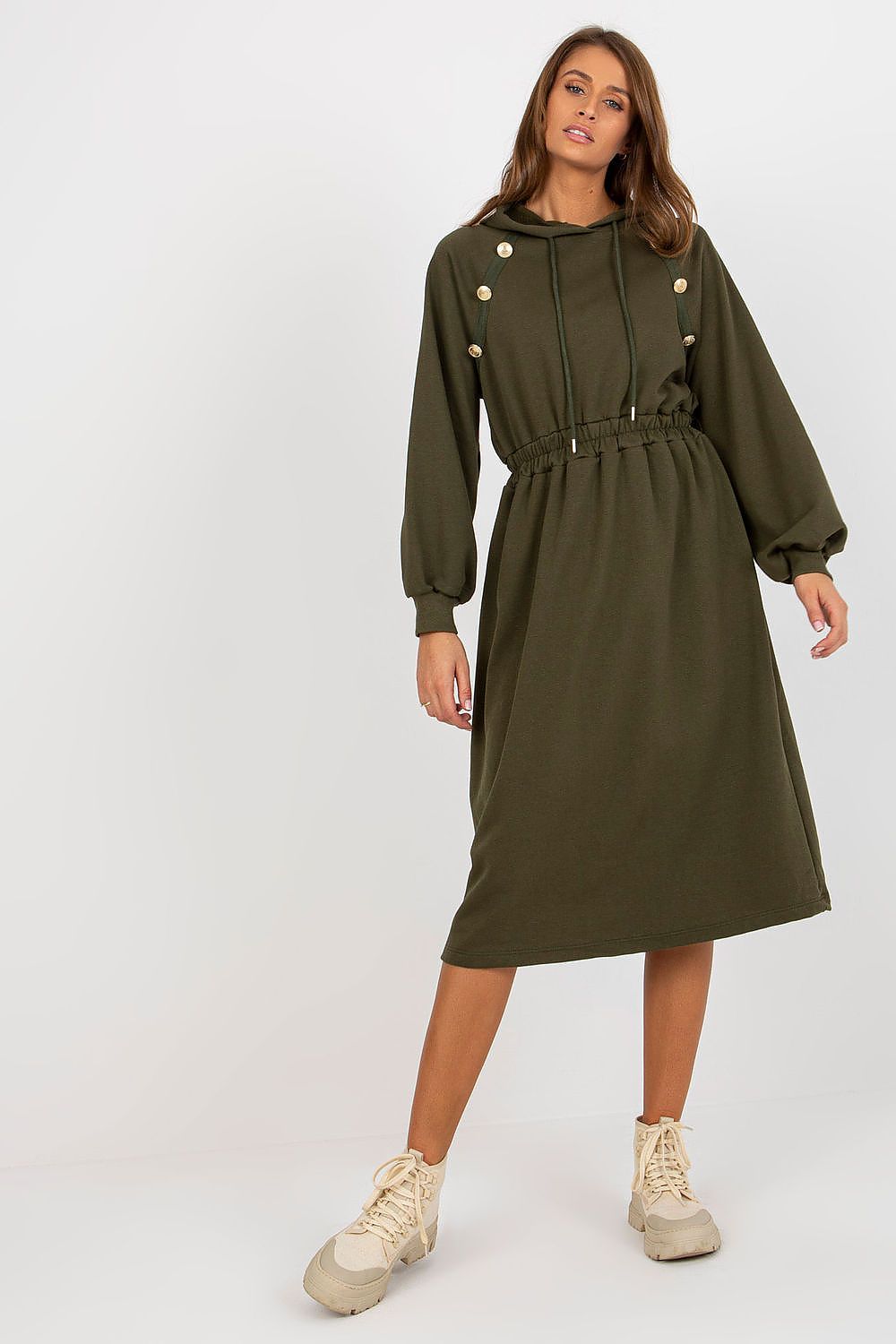 Damen Sweater Kleid mit Kapuze Alltagskleid Relevance olivgrün