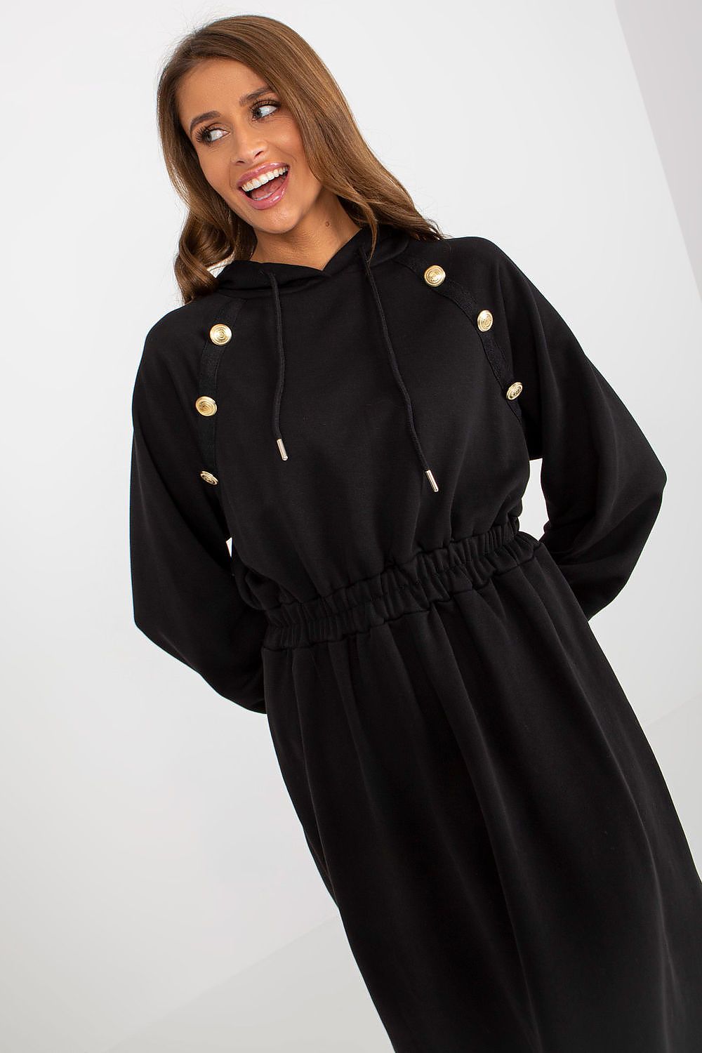 Damen Sweater Kleid mit Kapuze Alltagskleid Relevance schwarz