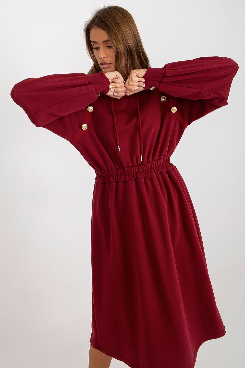 Damen Sweater Kleid mit Kapuze Alltagskleid Relevance weinrot