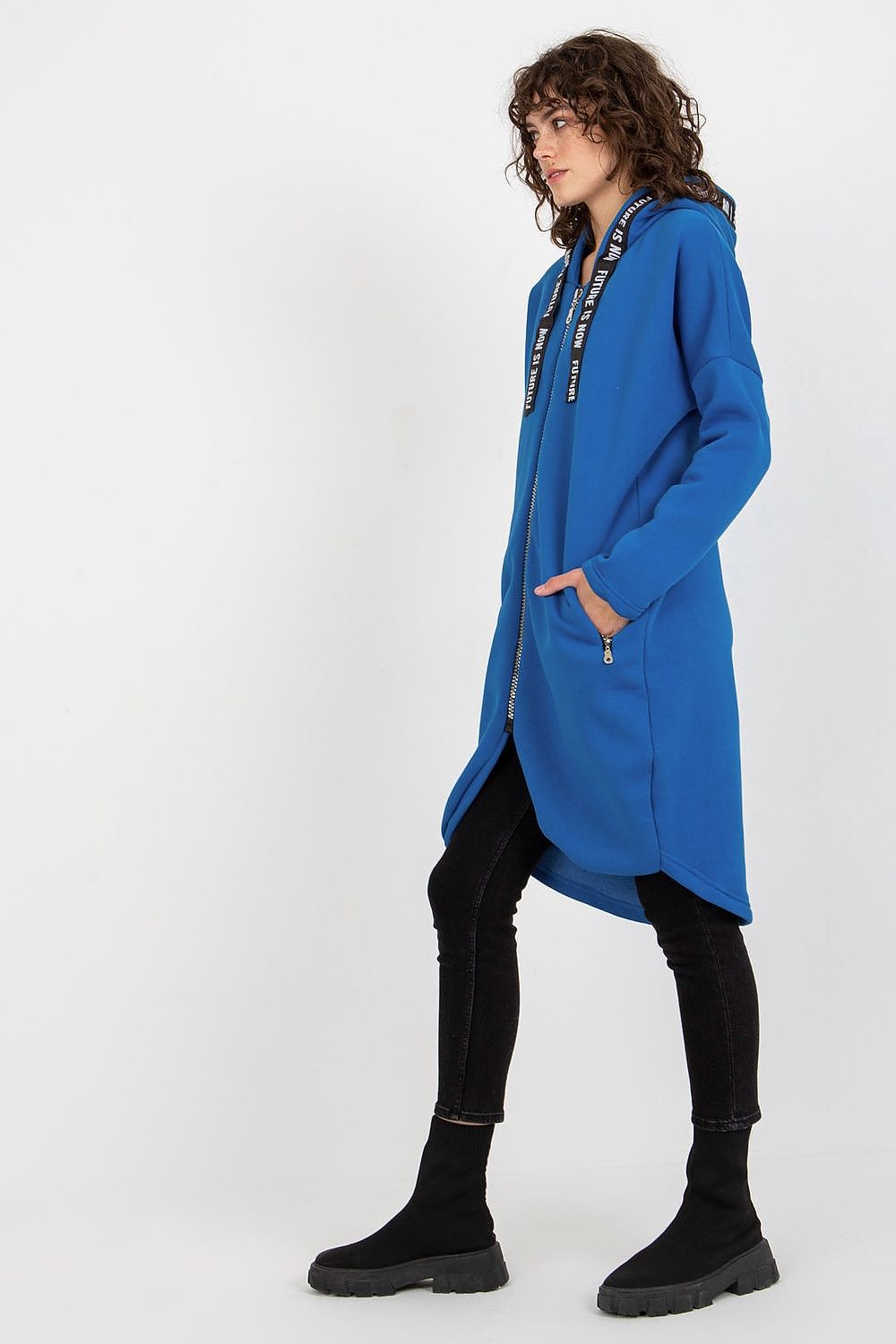 Damen Sweater Mantel blau mit Kapuze von Relevance Seitenansicht
