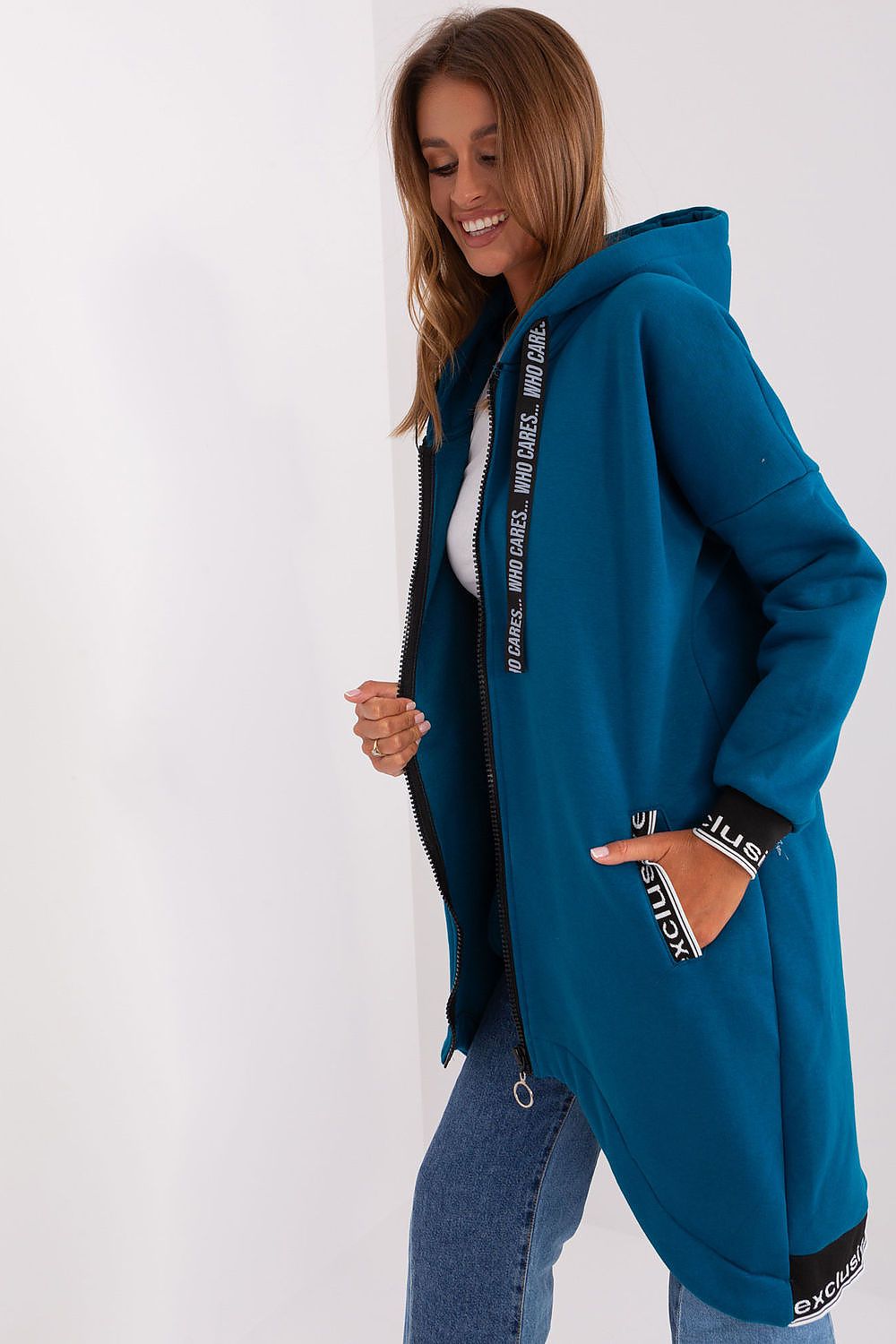 Damen Sweater Mantel mit Kapuze blau Seitenansicht von Relevance