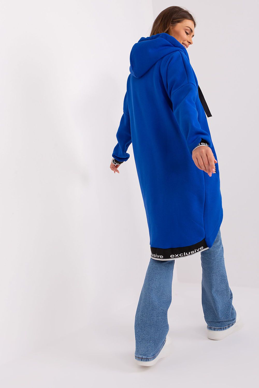 Damen Sweater Mantel mit Kapuze dunkelblau Rückseite von Relevance