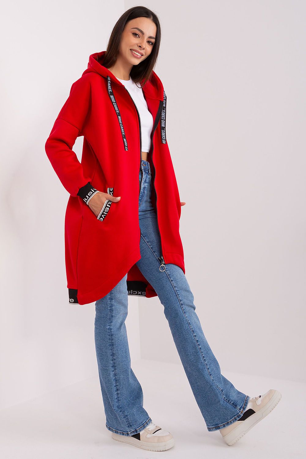 Damen Sweater Mantel mit Kapuze rot Seitenansicht von Relevance