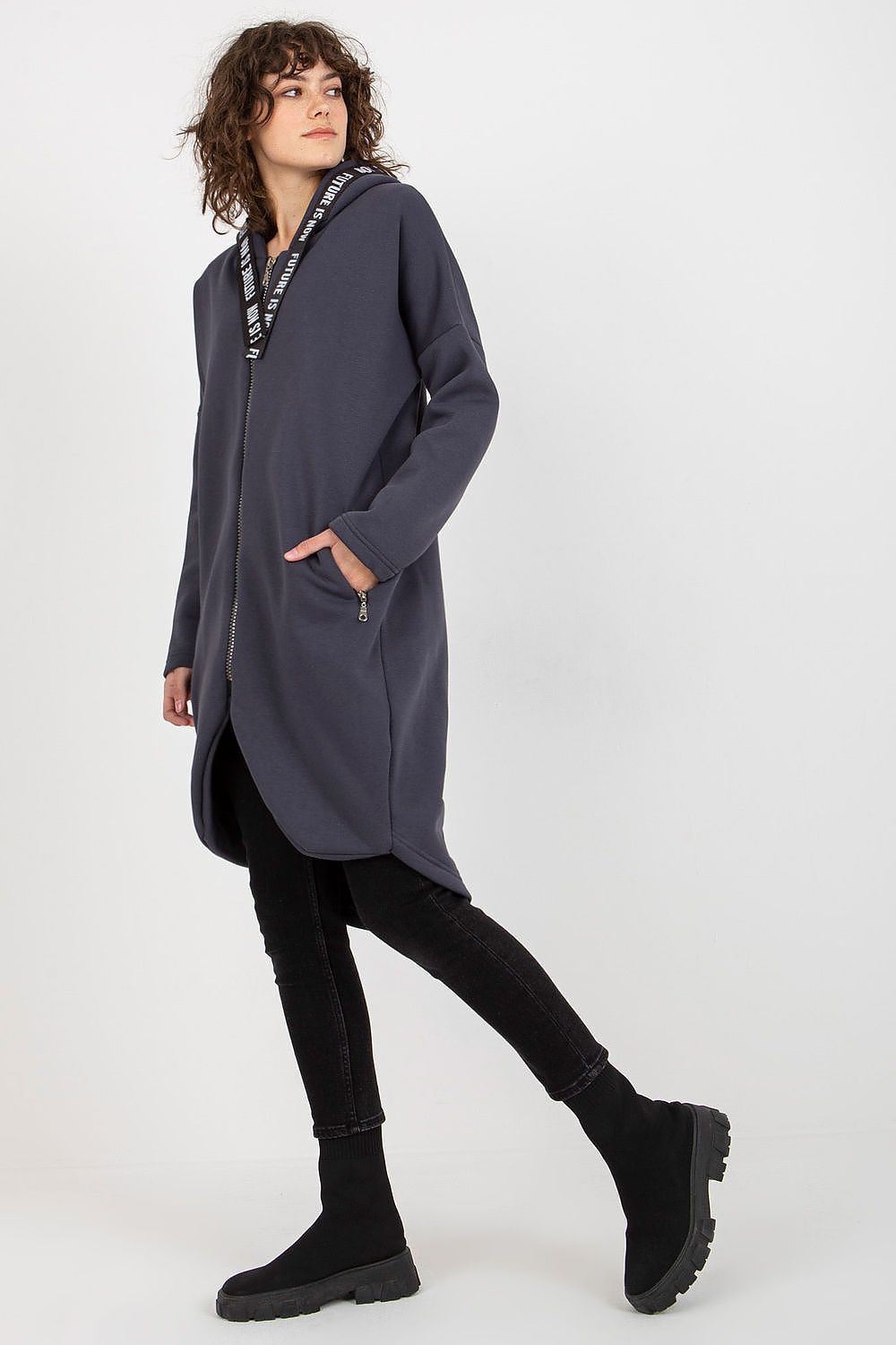 Damen Sweater Mantel mit Kapuze von Relevance Vorderansicht grau