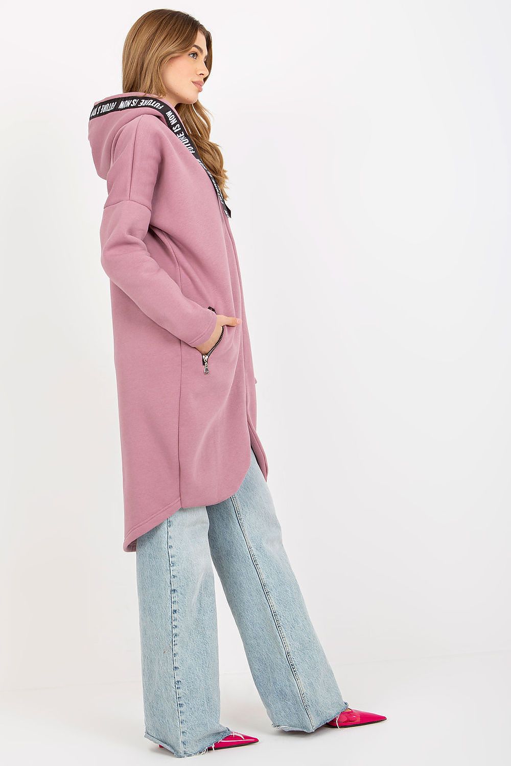 Damen Sweater Mantel rosa mit Kapuze von Relevance Seitenansicht