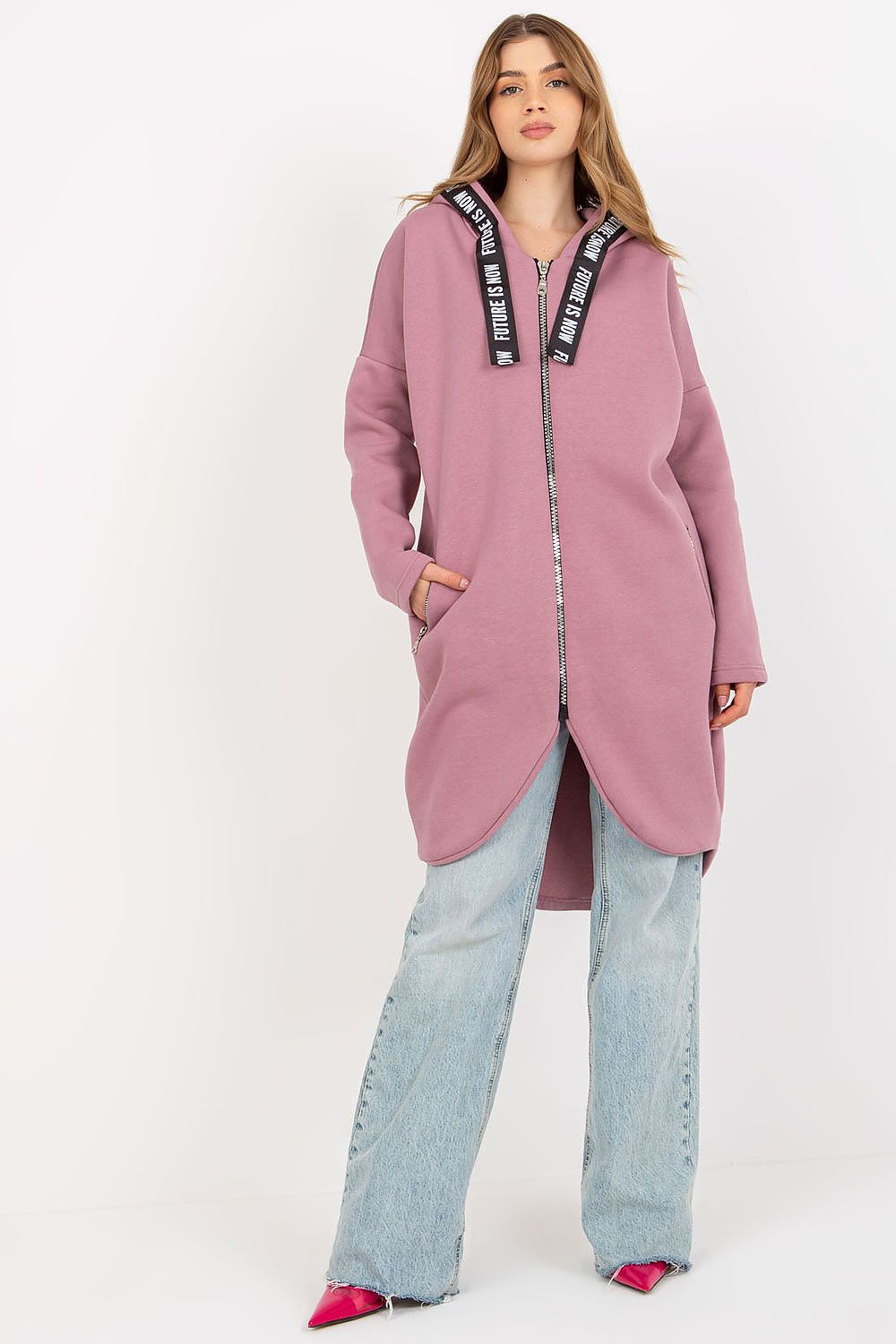 Damen Sweater Mantel rosa mit Kapuze von Relevance Vorderseite