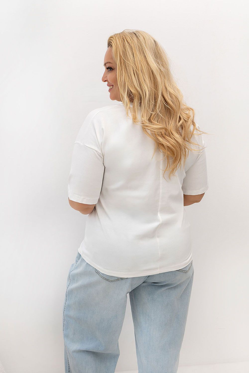 Damen T-Shirt Plus Size Rundhals, Stickerei & Baumwolle ecru Relevance Rückenansicht