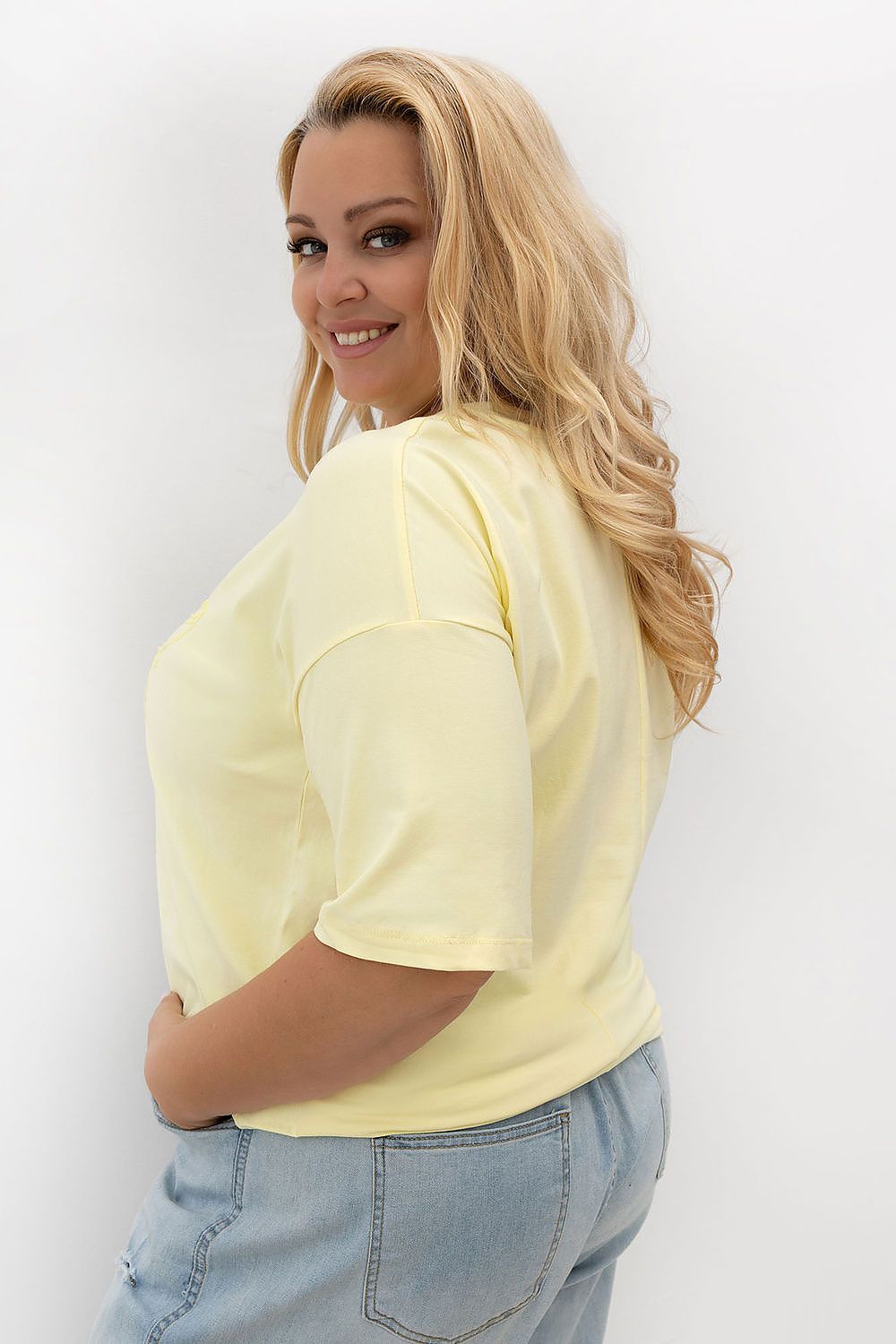 Damen T-Shirt Plus Size Rundhals, Stickerei & Baumwolle gelb Relevance Seitenansicht