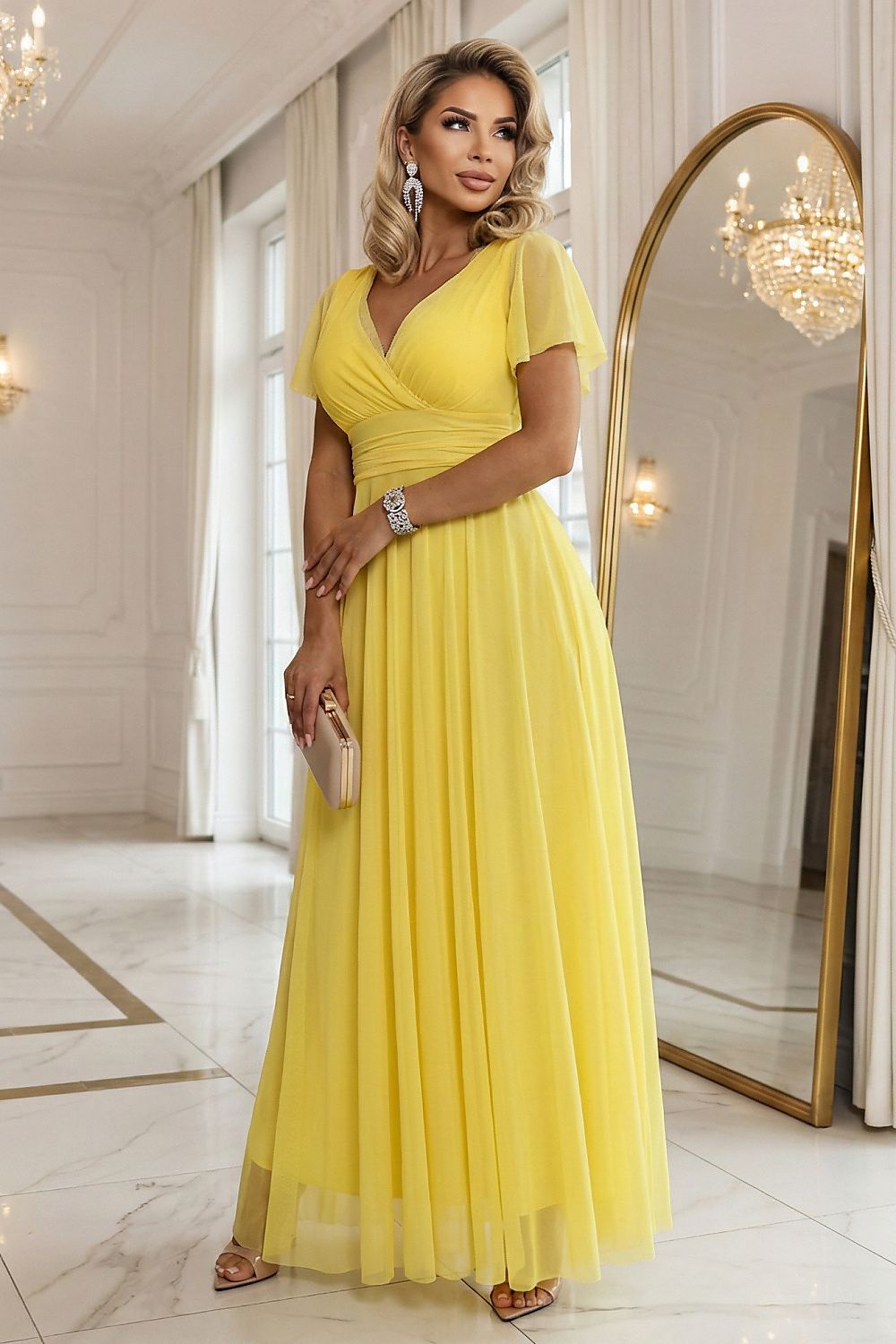 Damen Tüll Maxikleid NASTIA mit Surplice Ausschnitt von Numoco Basic gelb