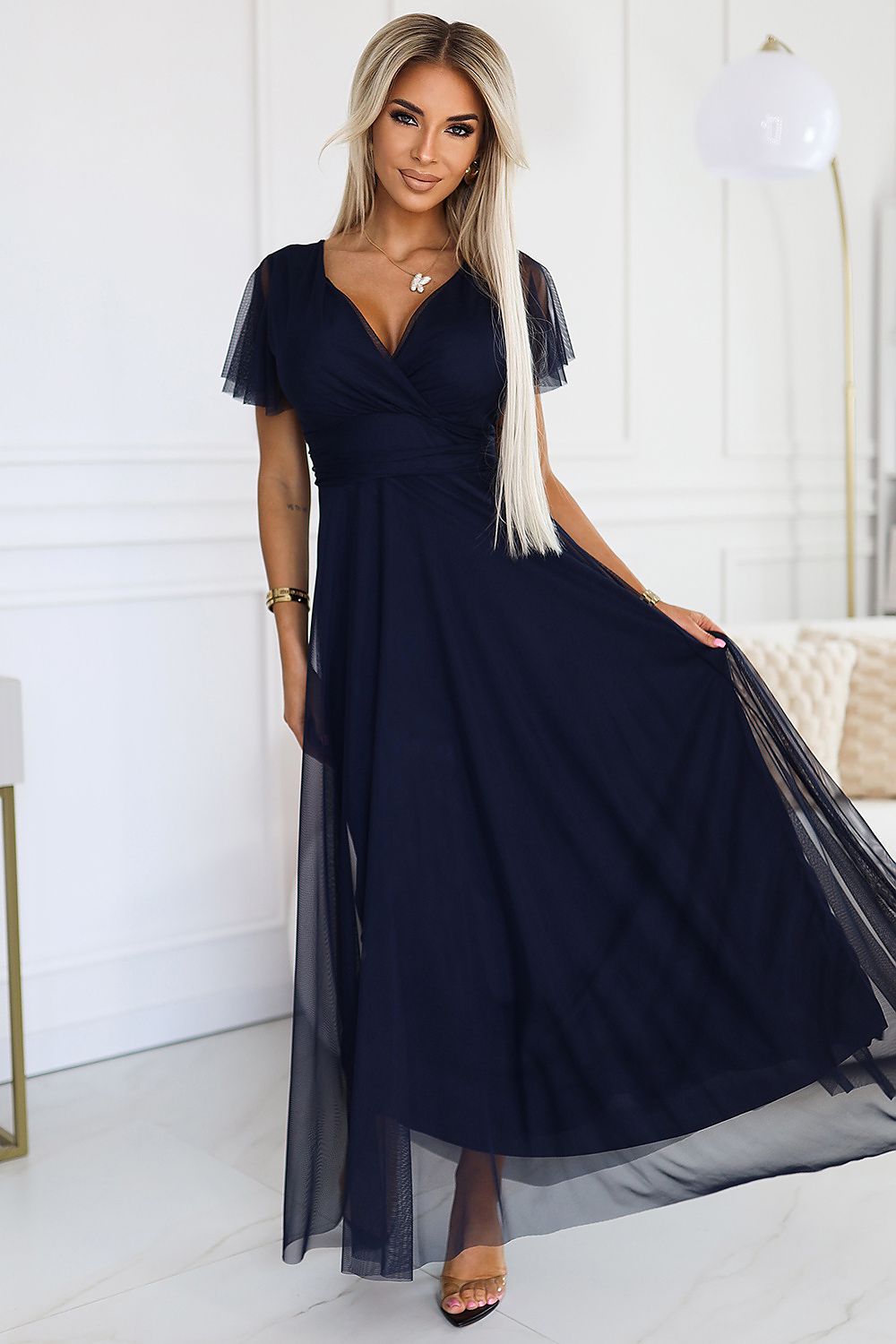 Damen Tüll Maxikleid NASTIA mit Surplice Ausschnitt von Numoco Basic marineblau