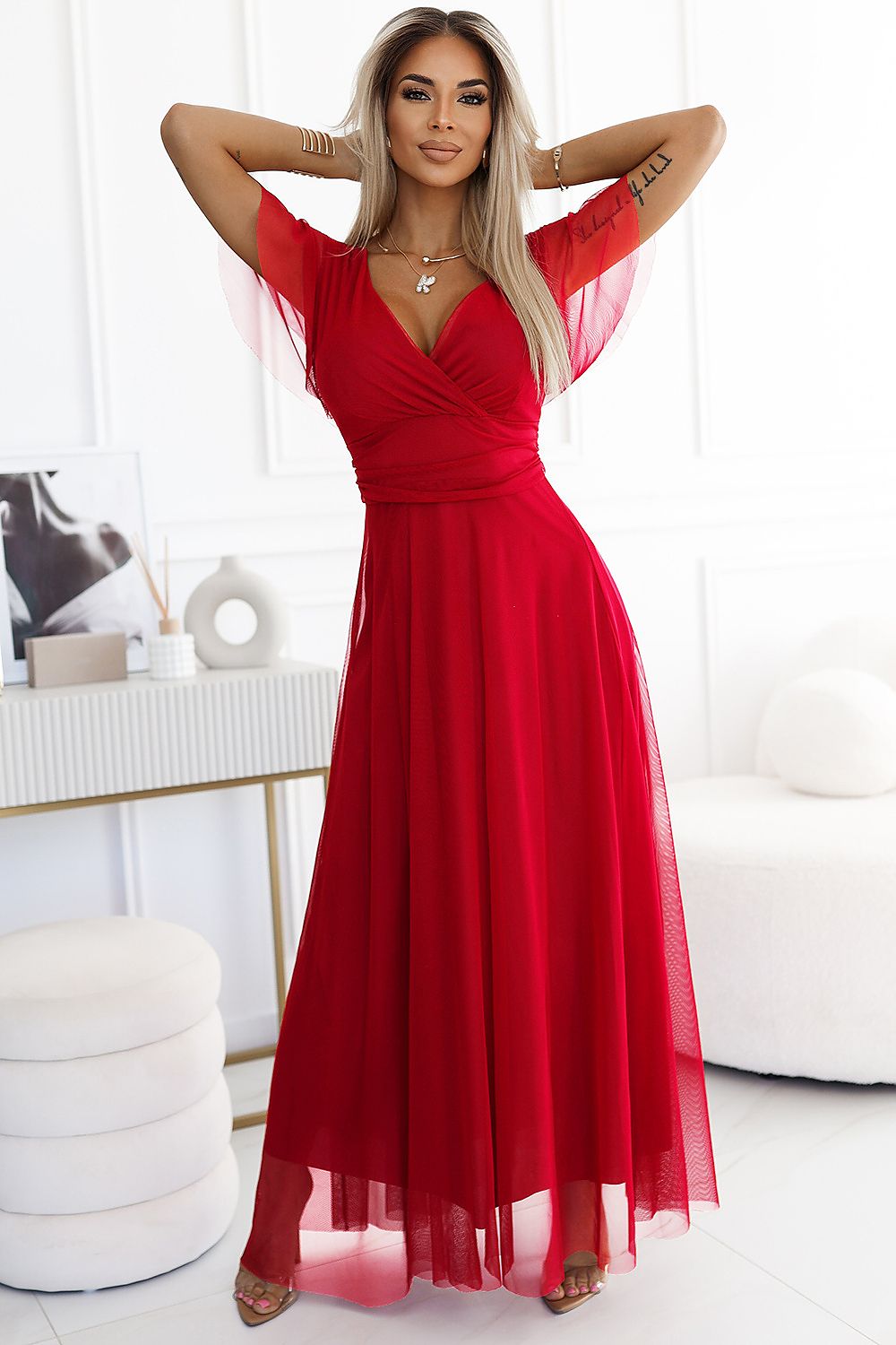 Damen Tüll Maxikleid NASTIA mit Surplice Ausschnitt von Numoco Basic rot