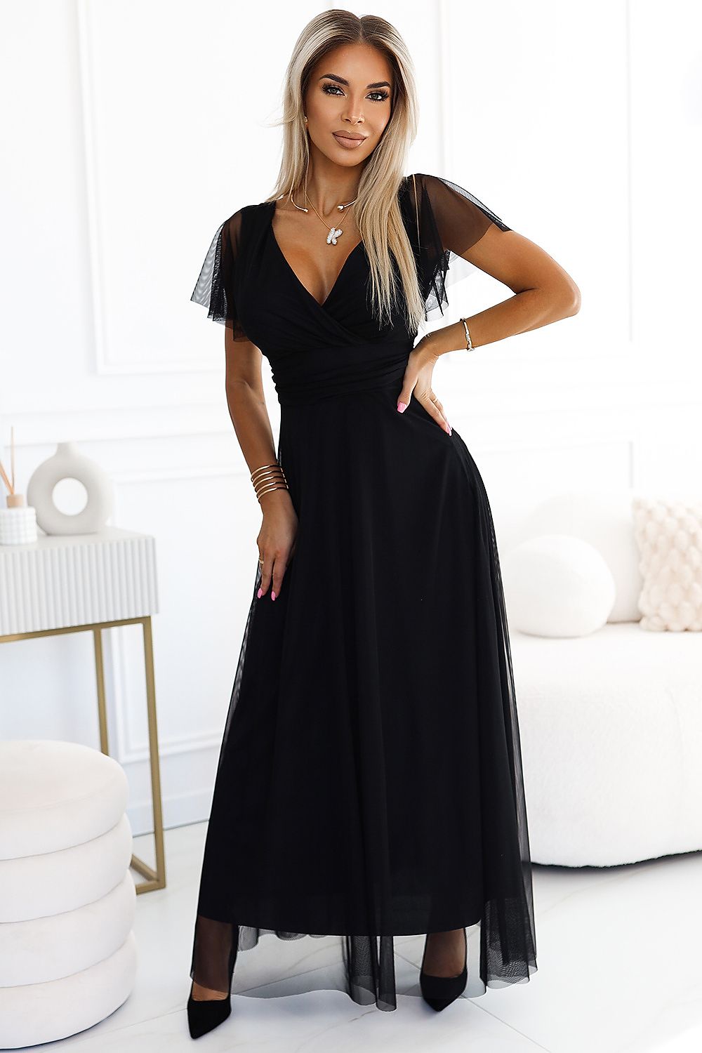 Damen Tüll Maxikleid NASTIA mit Surplice Ausschnitt von Numoco Basic schwarz