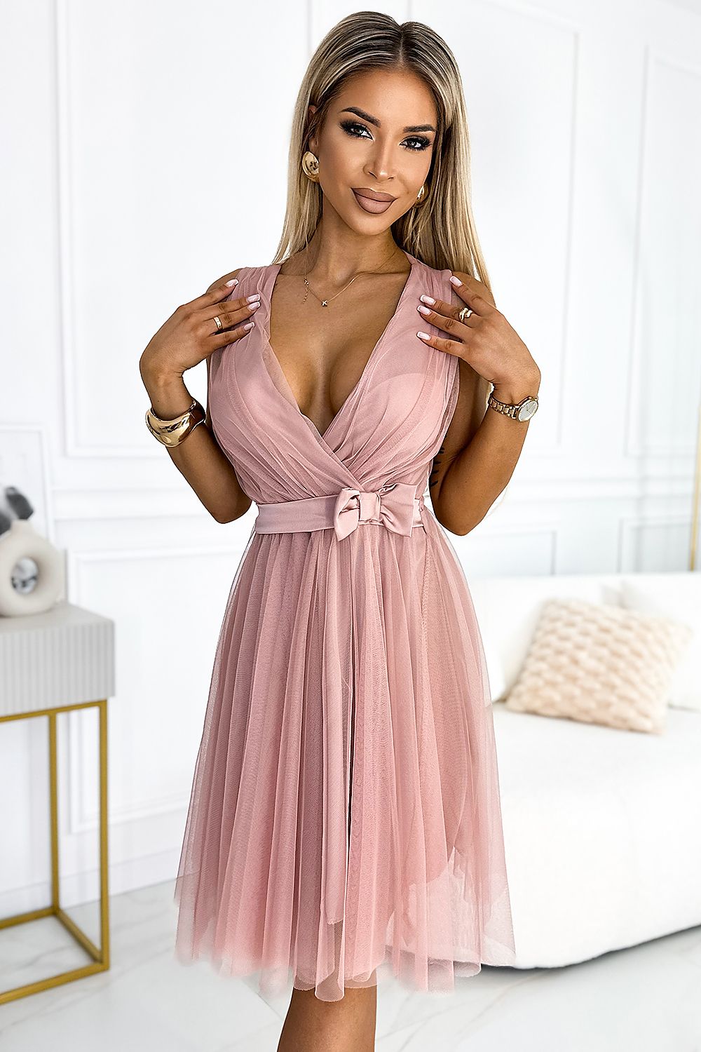 Damen Tüllkleid Wickelausschnitt, Satinschleife & elastischer Rücken Numoco Basic rosa Vorderansicht