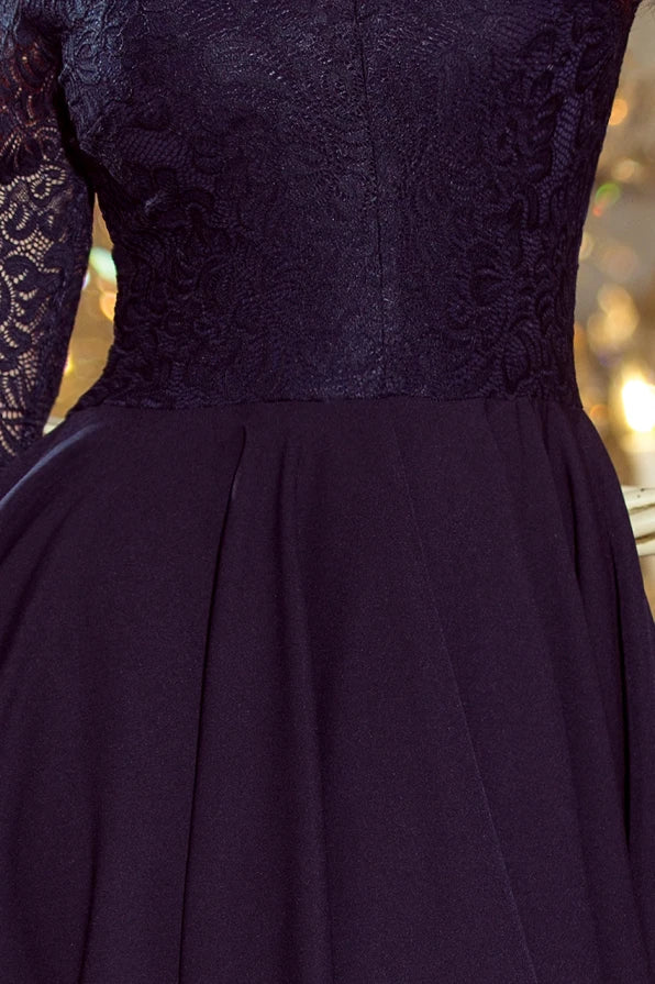 Damen asymetrisches Abendkleid mit Spitze von Numoco marineblau Ausschnitt