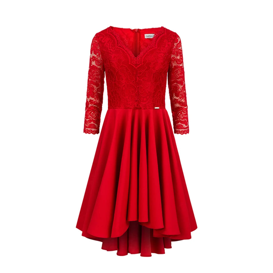 Damen asymetrisches Abendkleid mit Spitze von Numoco rot Übersicht