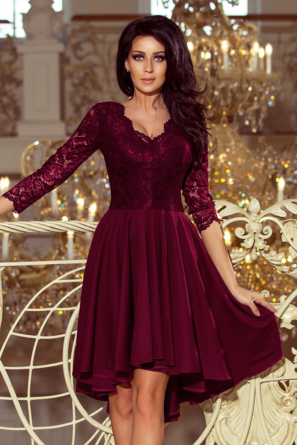 Damen asymetrisches Abendkleid mit Spitze von Numoco weinrot