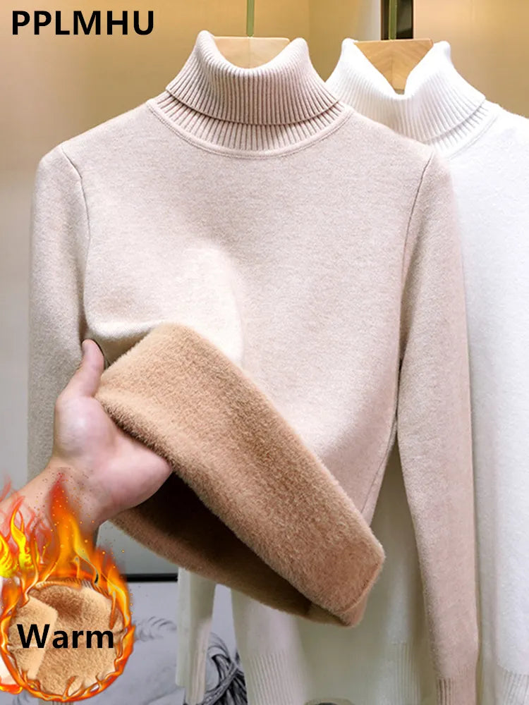 Damen eleganter Rollkragen Pullover, innen warm gefüttert