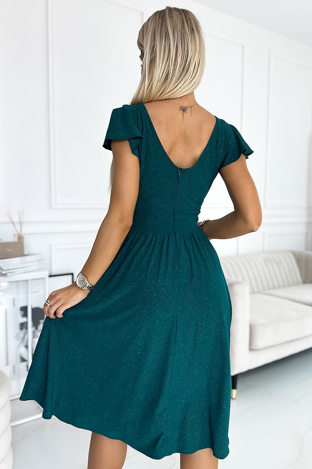 Damen elegantes kurzarm Kleid mit Surplice Ausschnitt von Numoco grün 2 Rückseite