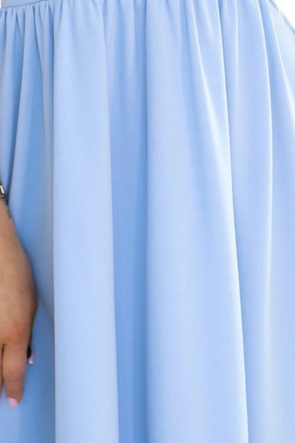 Damen elegantes kurzarm Kleid mit Wickelausschnitt von Numoco blau Stoff Ausschnitt