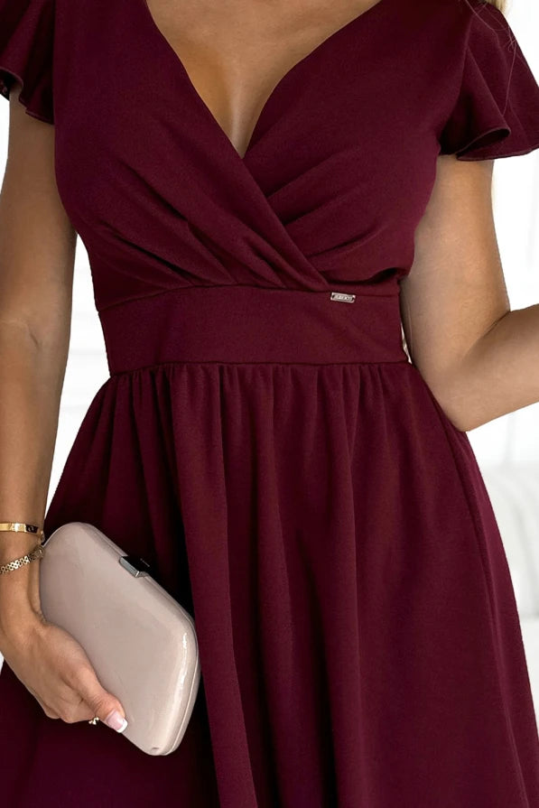 Damen elegantes kurzarm Kleid mit Wickelausschnitt von Numoco weinrot Ausschnitt