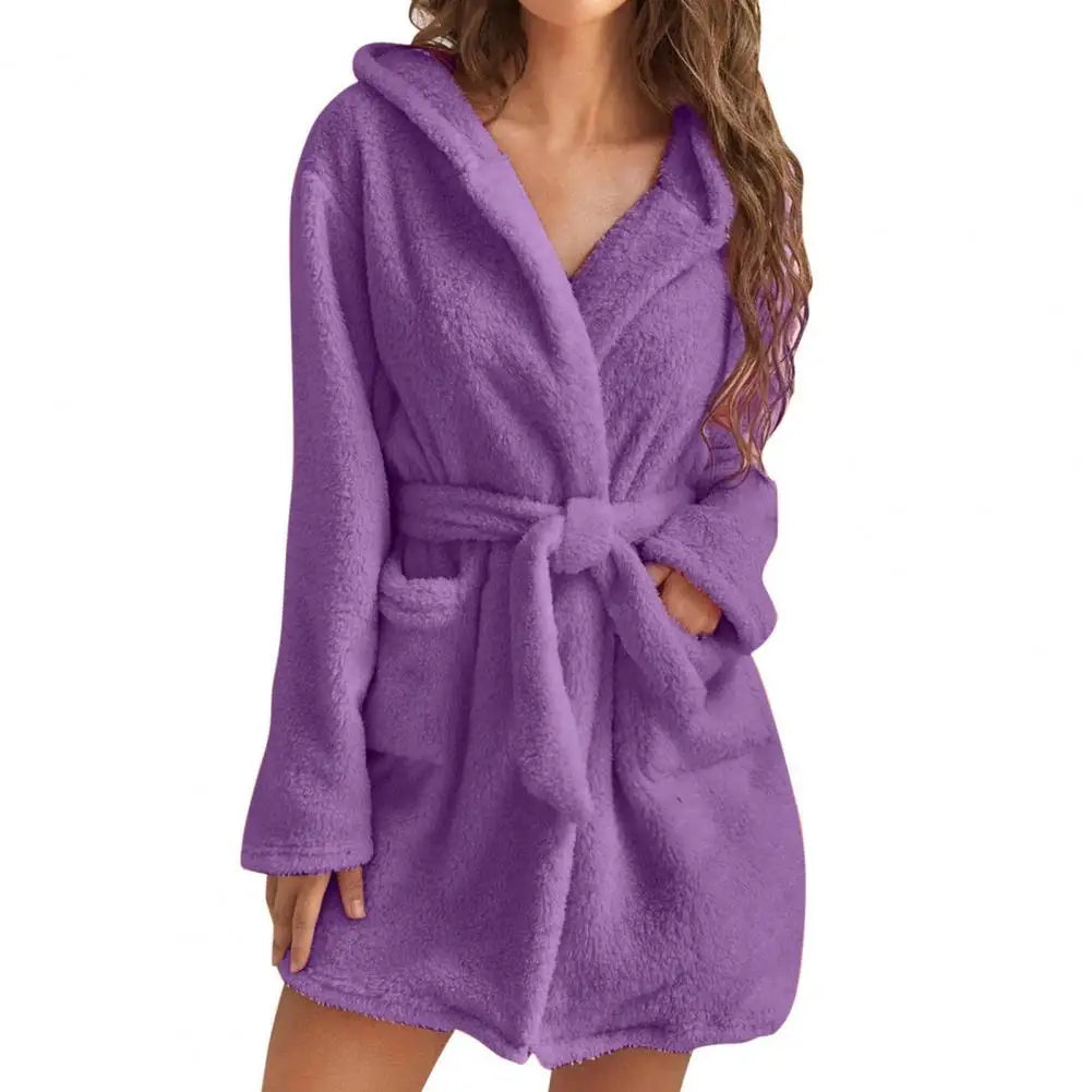 Damen flauschiger Bademantel, lang, warm, mit Kapuze, Flanell-Kimono, Morgenmantel