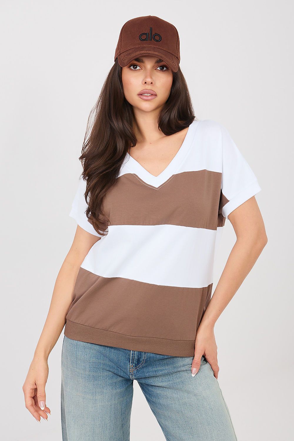 Damen kurzarm Shirt gestreift von Relevance braun