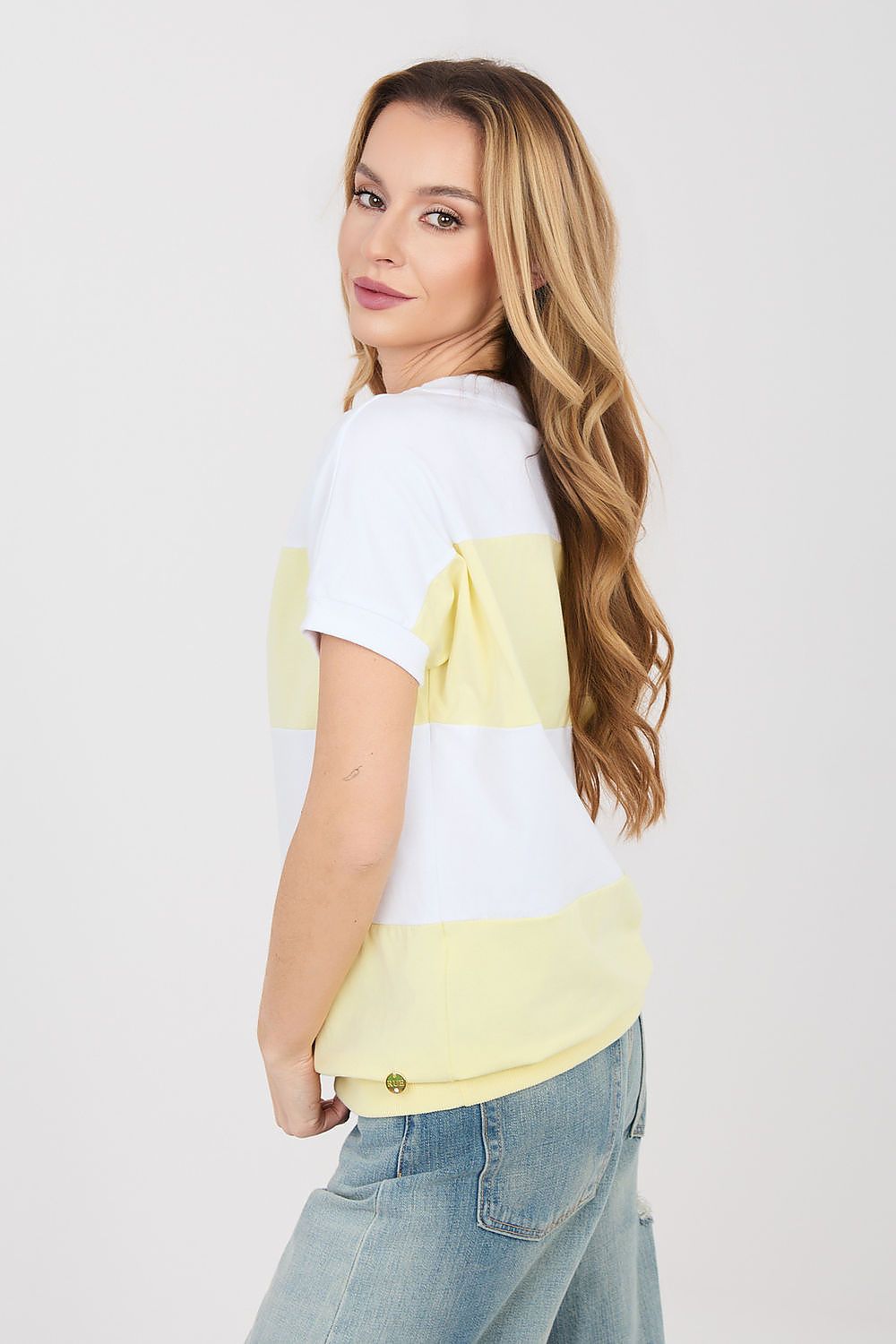 Damen kurzarm Shirt gestreift von Relevance gelb Seitenansicht