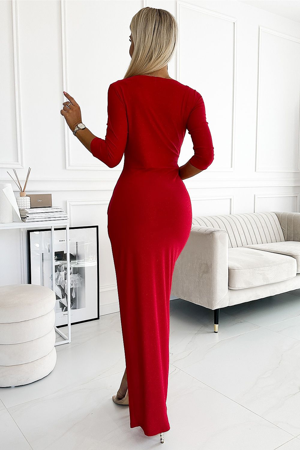 Damen langarm Abendkleid Maxikleid von Numoco rot Rückseite