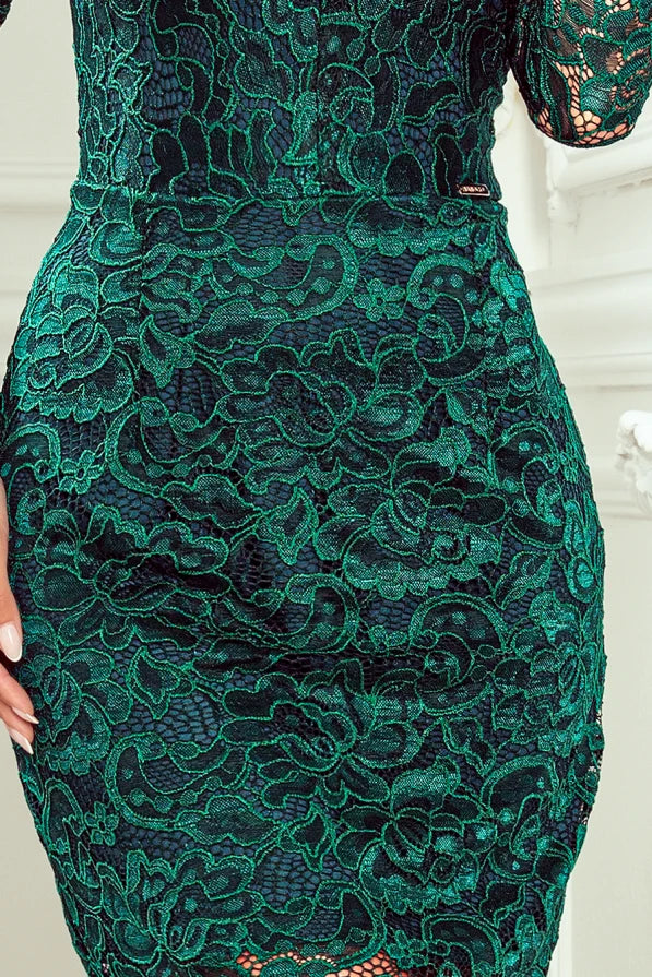 Damen langarm Abendkleid aus Spitze von Numoco grün 2 Detail