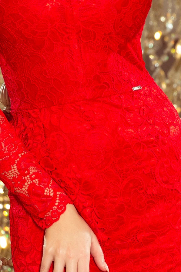 Damen langarm Abendkleid aus Spitze von Numoco rot Ausschnitt