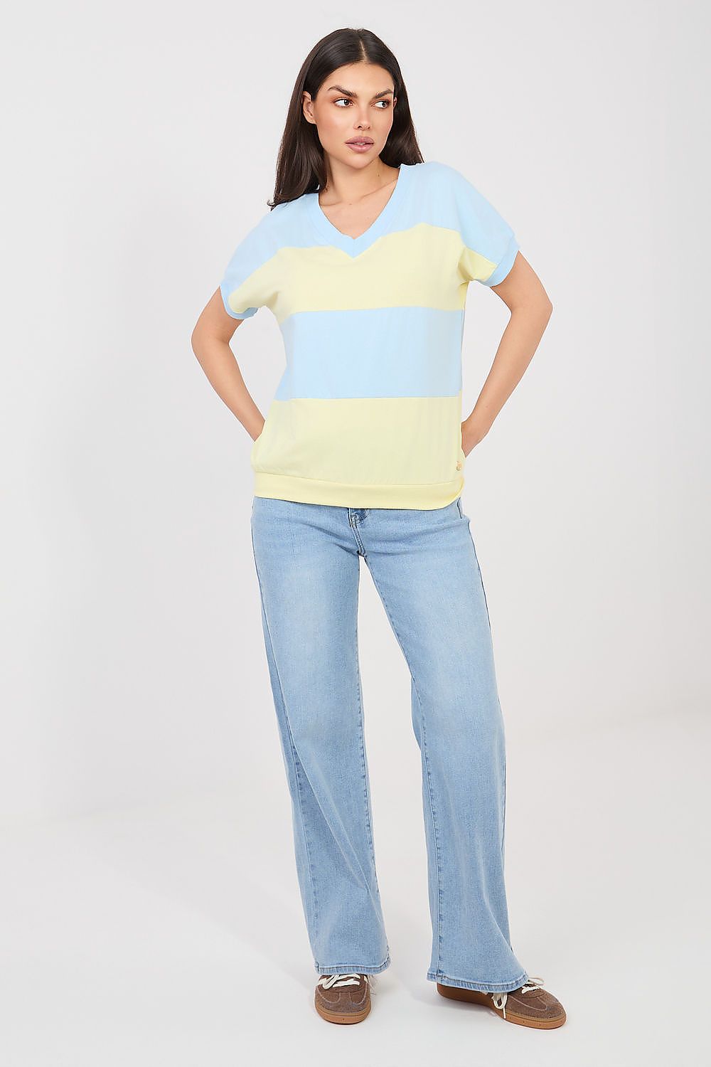 Damen streifen Shirt mit V-Ausschnitt von Relevance blau