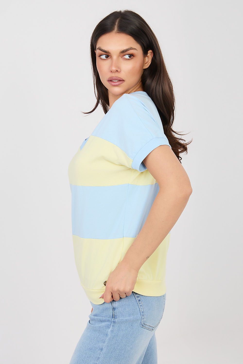Damen streifen Shirt mit V-Ausschnitt von Relevance blau Seitenansicht