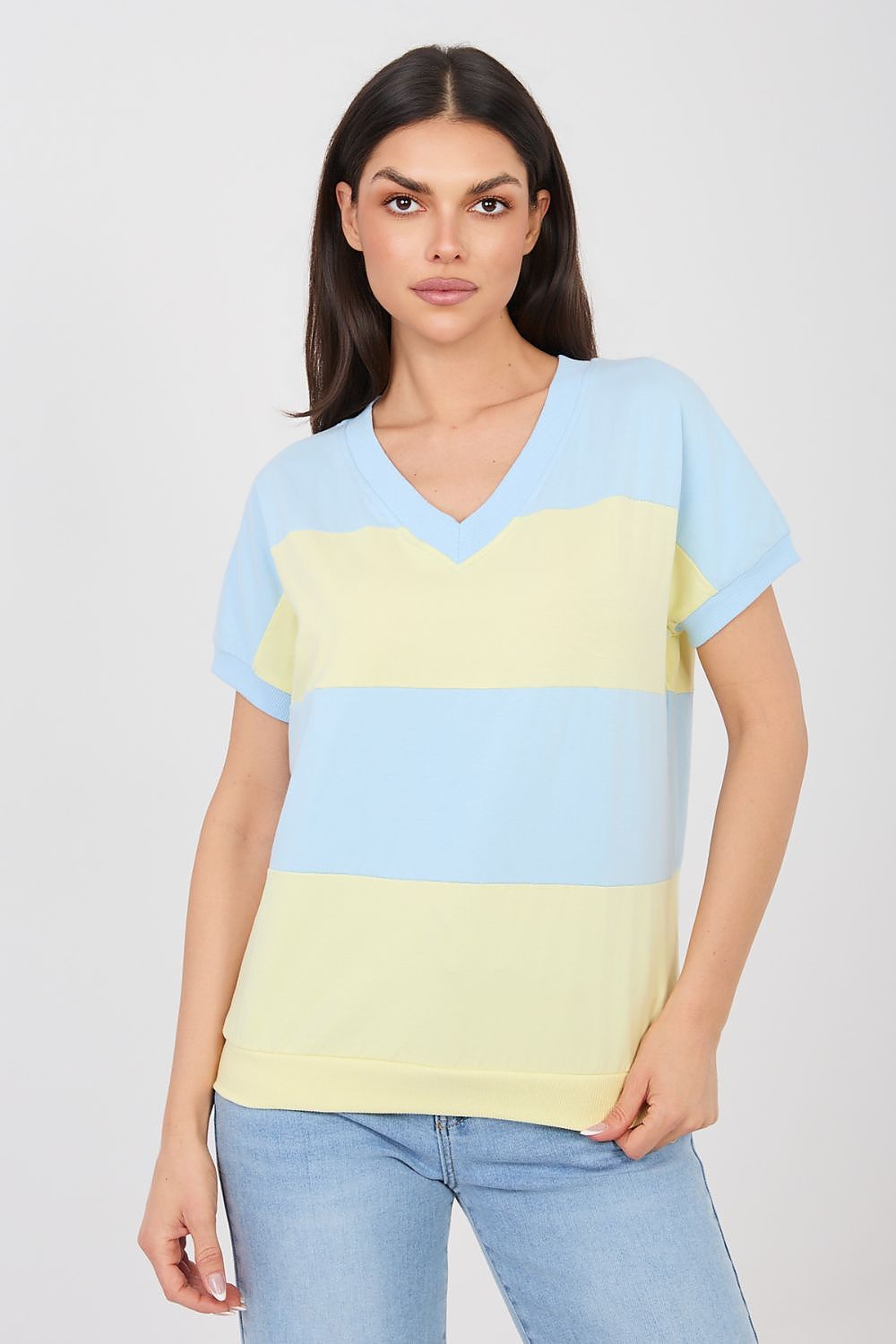 Damen streifen Shirt mit V-Ausschnitt von Relevance blau Vorderseite