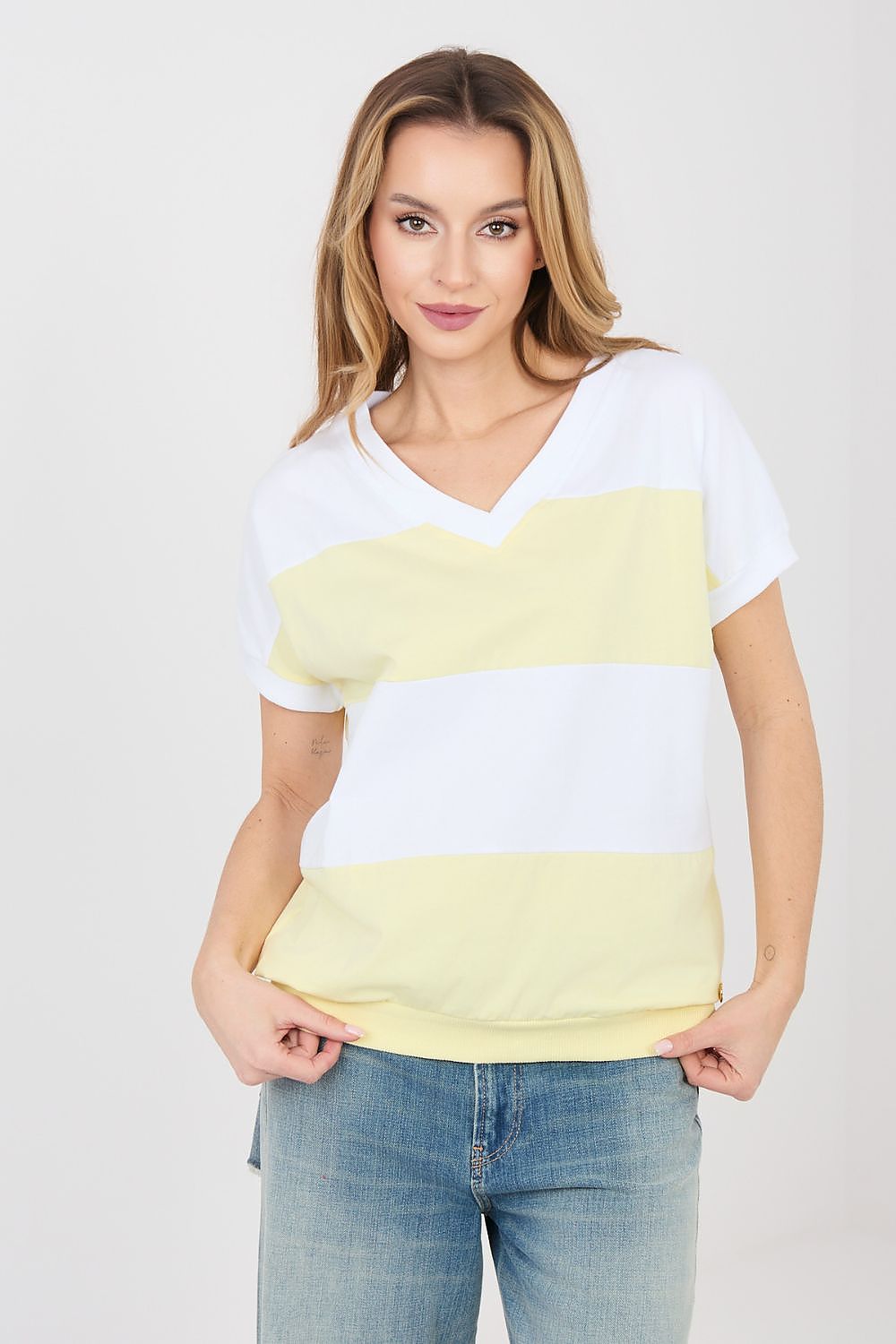 Damen streifen Shirt mit V-Ausschnitt von Relevance gelb Vorderseite