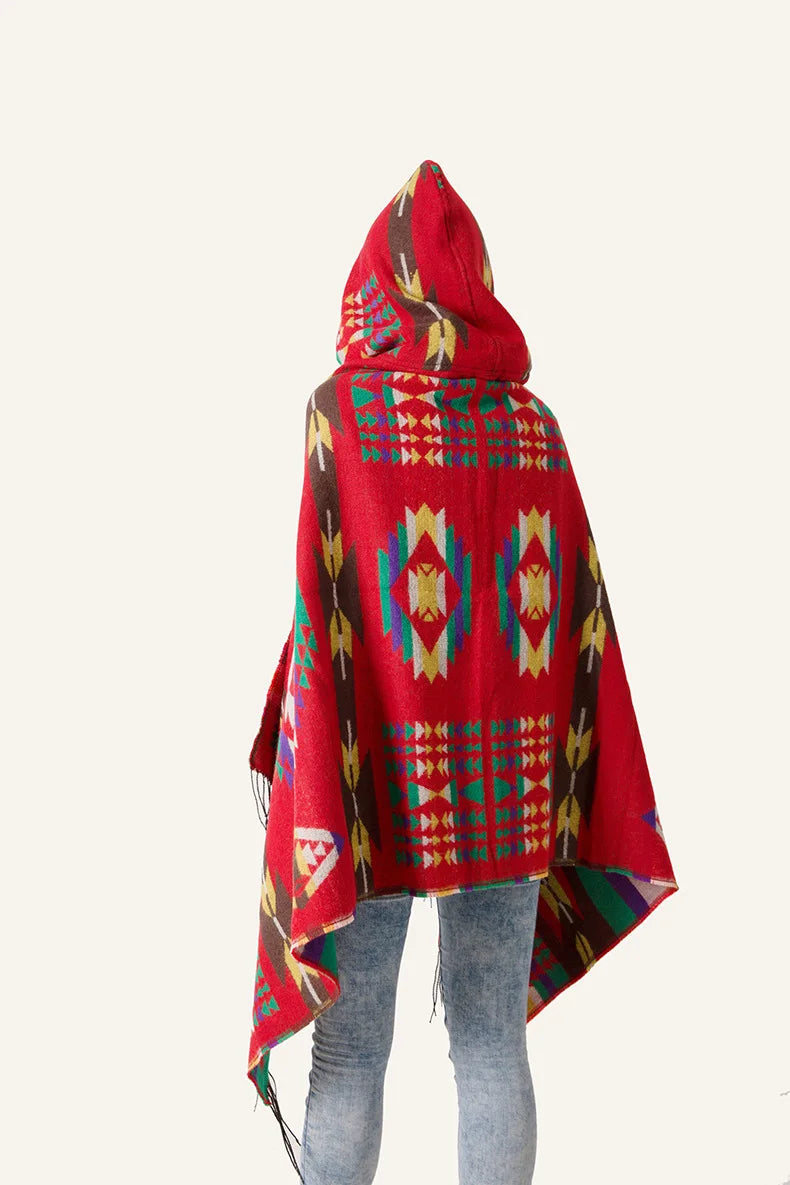 Damen Ethnischer Multifunktions-Böhmen-Schal, Tribal-Fransen-Kapuzenpullover, Umhang, Poncho-Mantel