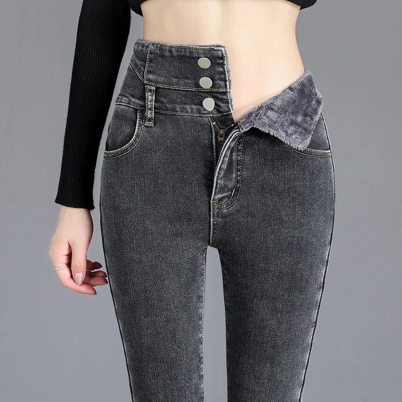 Damen Thermo High Waist Röhrenjeans innen mit Fleece