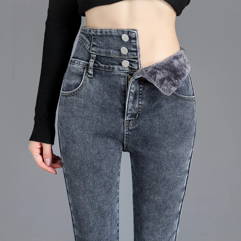 Damen Thermo High Waist Röhrenjeans innen mit Fleece
