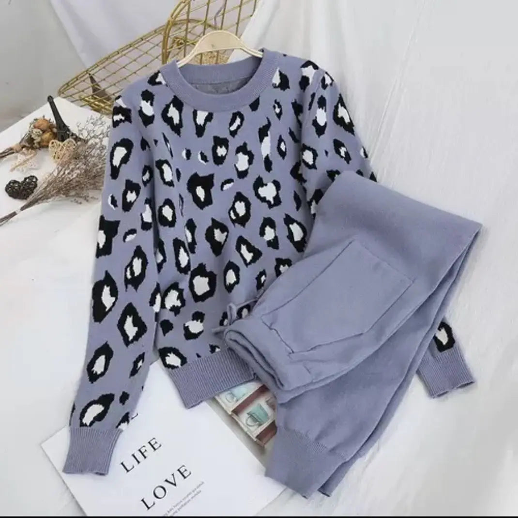 Damen 2-teiliges Leopard Strick Hose Pullover Anzug Set
