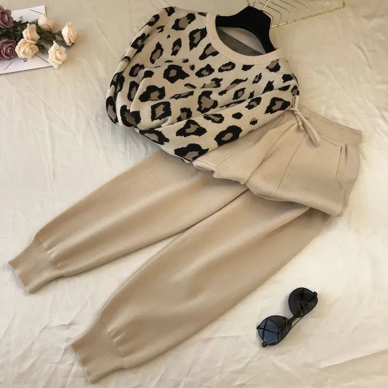 Damen 2-teiliges Leopard Strick Hose Pullover Anzug Set