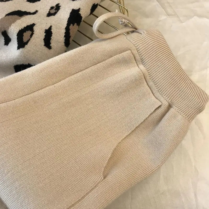 Damen 2-teiliges Leopard Strick Hose Pullover Anzug Set