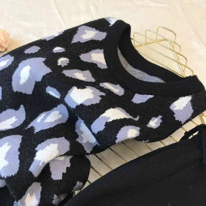 Damen 2-teiliges Leopard Strick Hose Pullover Anzug Set