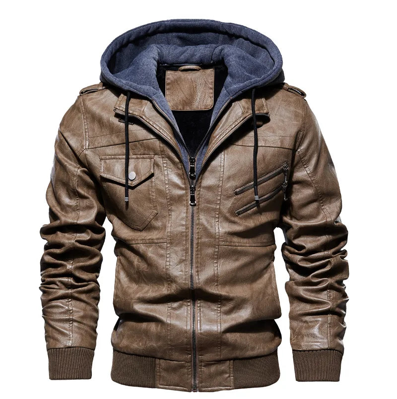 Herren Lederjacke Plüsch Fleece Kapuzen Jacke